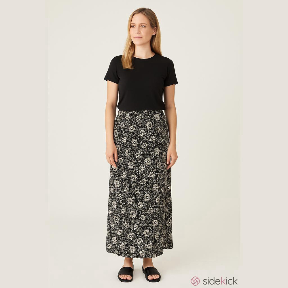 Women's Madison Gray Floral Silk Skirt Size 14 Black White